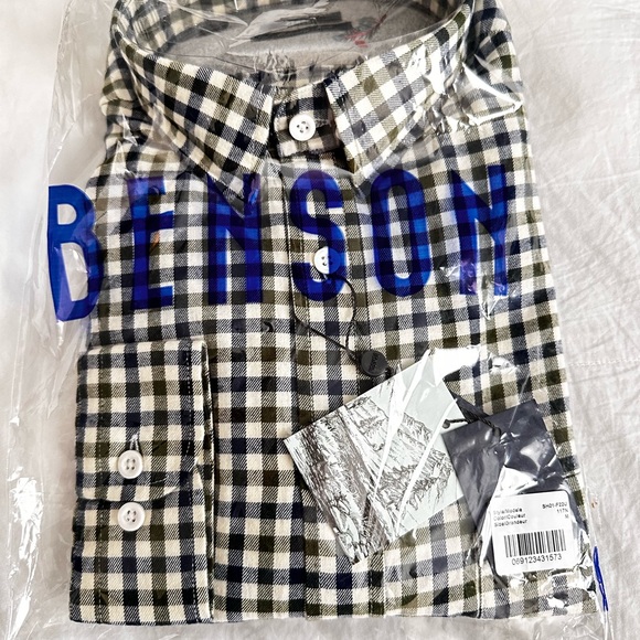 NWT  BENSON APPAREL Navy / Green Gingham Check Brushed Cotton Shirt - Picture 3 of 3